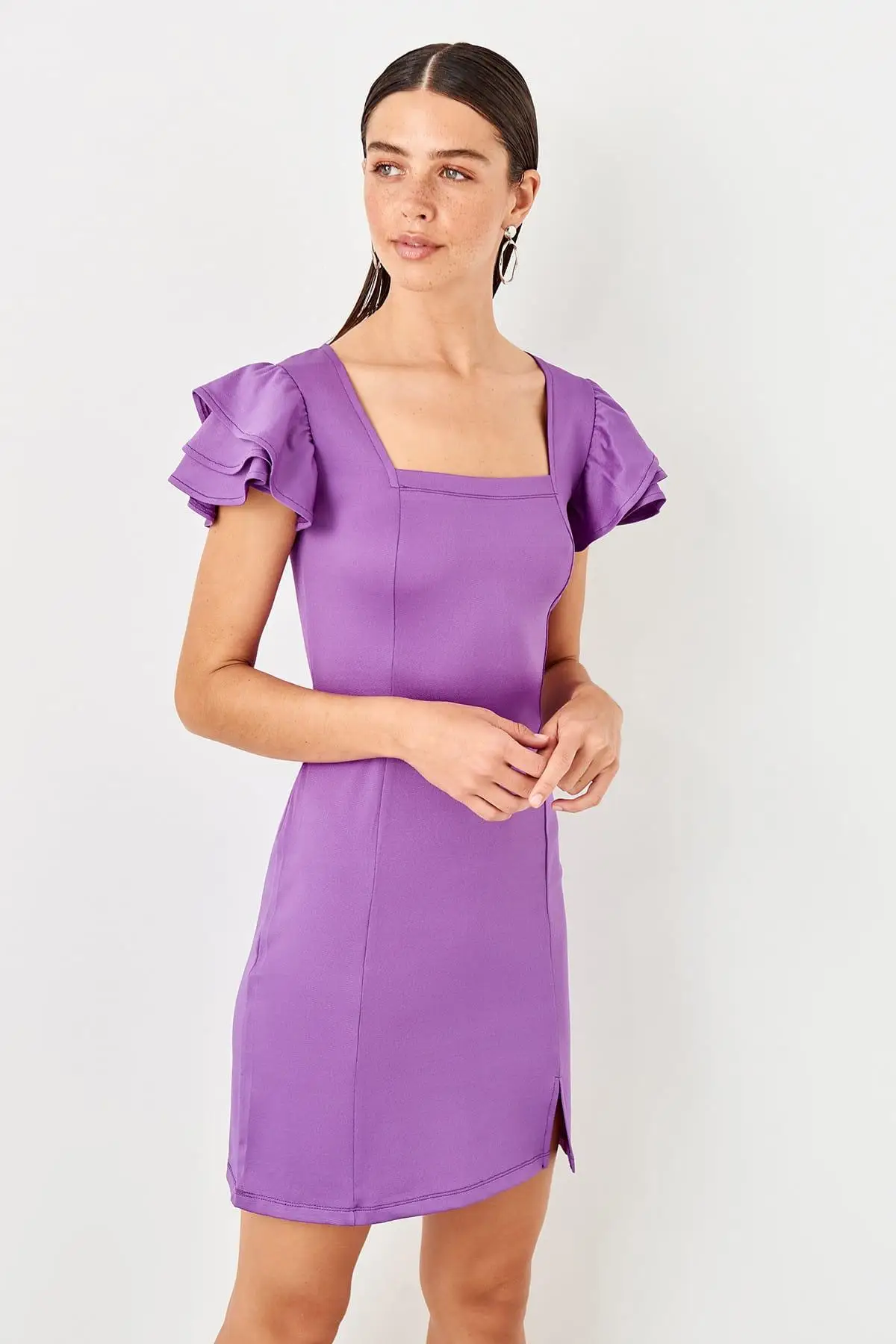 Trendyol фиолетовое трикотажное платье с квадратным воротником TWOSS19VG0227|Женские