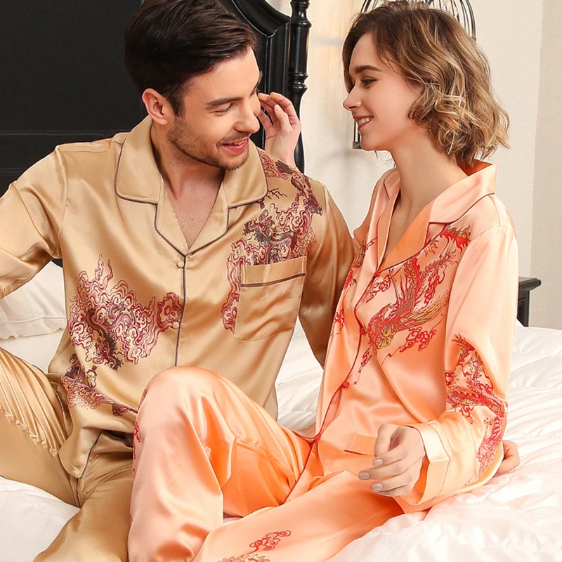 Real Silk Pajama Female Long-Sleeve Silkworm Silk Couple Marry High Quality Printed SILK Sleepwear Male Two-Piece Sets T8196QL