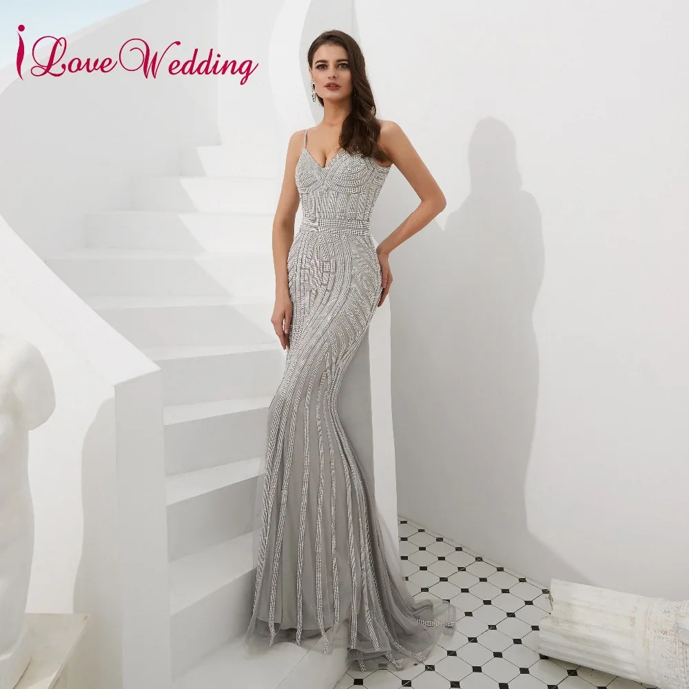 ILoveWedding Vestido de festa великолепные v-образный вырез на тонких бретелях серые расшитые блестками Длинные вечерние платья Русалка