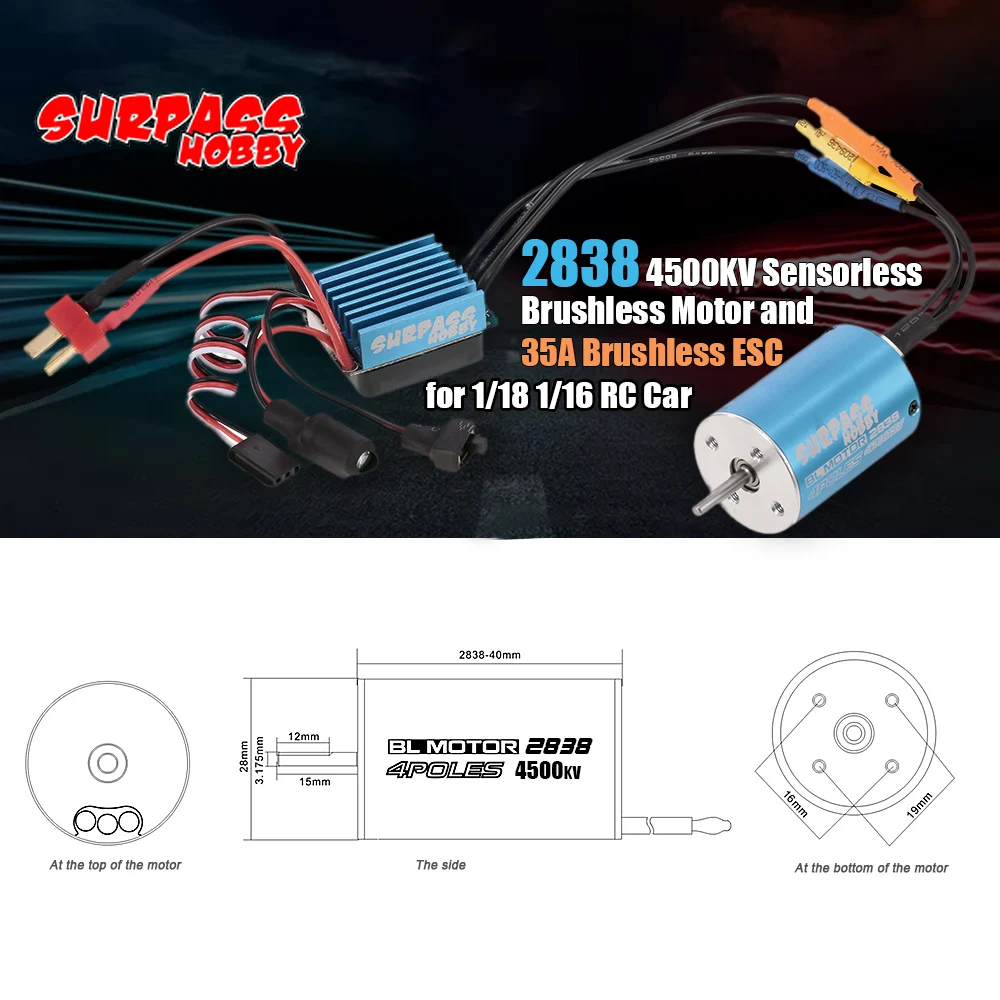 Бессенсорный бесщеточный двигатель 2838 4500KV 3930KV 5800KV 35A ESC для 1/18 1/16 модели