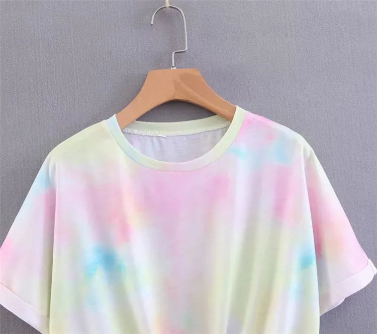 2019 European and American street fashion summer new women's round neck short-sleeved loose thin front tie knot dyed T-shirt | Женская