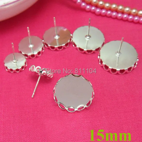 

15mm Silver Plated Blank Earrings Bases Round Lace Bezel pads Cabochon Settings Stud Pins Earrings Post Findings Wholesale