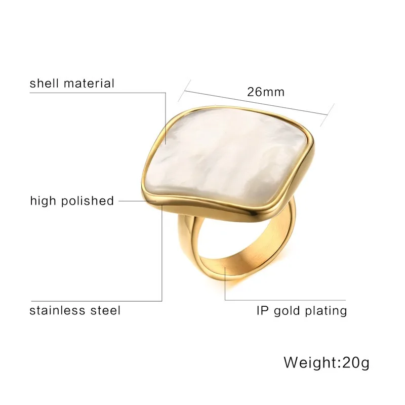 Elegant White Natural Shell Stone Rings For Women Gold-Color Trendy Stainless Steel Wedding Bands | Украшения и аксессуары
