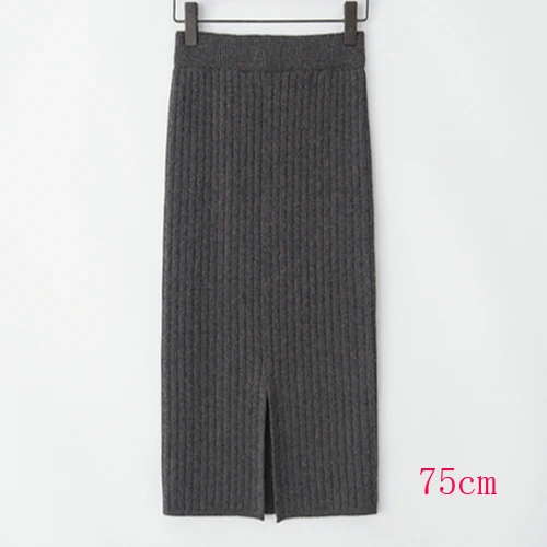 gray 75cm Толстая шерстяная длинная трикотажная юбка-труба, зимняя теплая кашемировая Смешанная юбка-карандаш до середины икры с разрезом сзади, 3 длины, 5 цветов - Цвет: gray 75cm