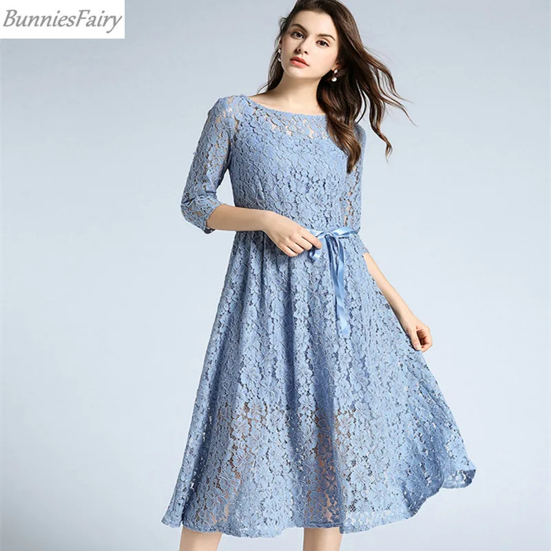 BunniesFairy 2018 Осень Зима Женское цветочное Кружевное платье миди с поясом и