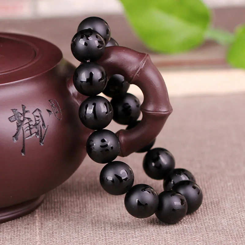 Прямая доставка натуральный обсидиановый браслет резьба Лаки амулет Ом Мани