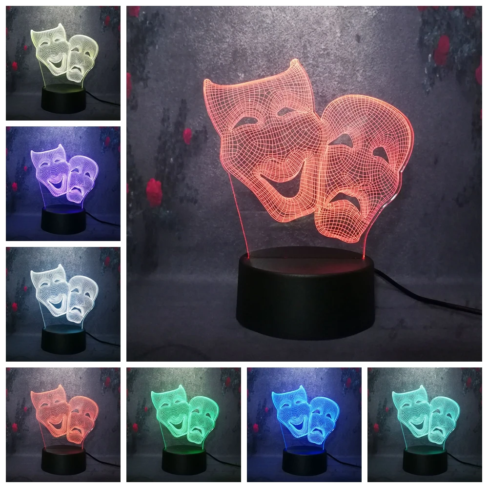 Мультфильм милый 3D комедия и Tradegy маска светодиодный ночник 7 цветов изменить