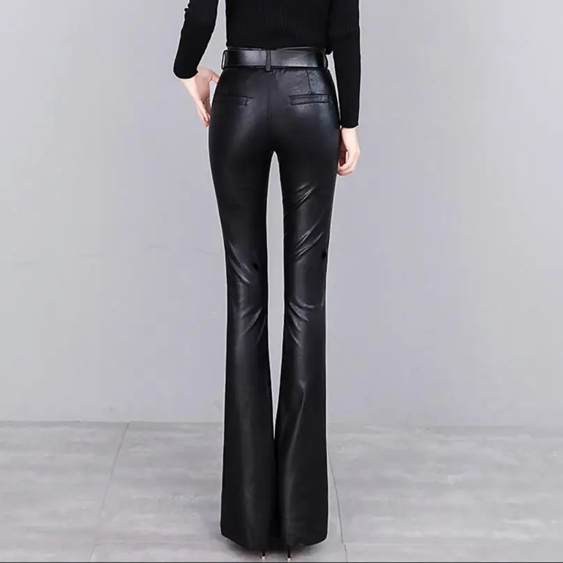 Брюки клеш из ПУ кожи с высокой талией|trousers high waist|flare pantssplit pants |