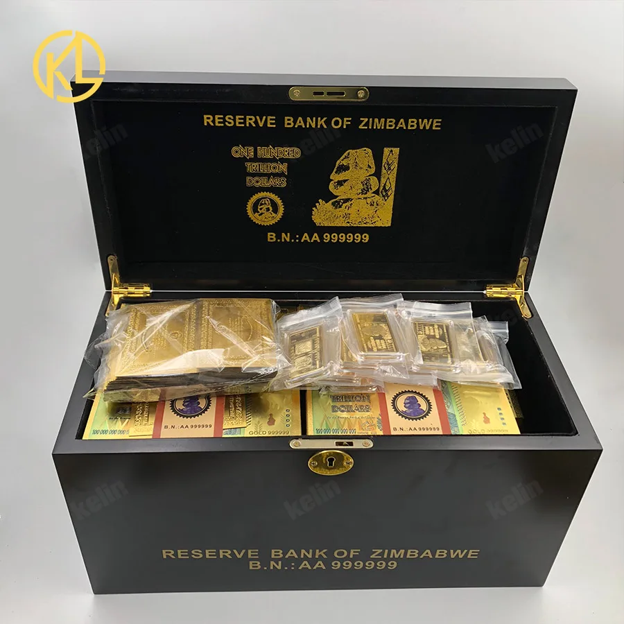 

Fedex Shipping 1280pcs One Hundred Trillion Dollars Zimbabwe Gold Banknote with 24pcs Gold Bar and 1wooden box and certificates