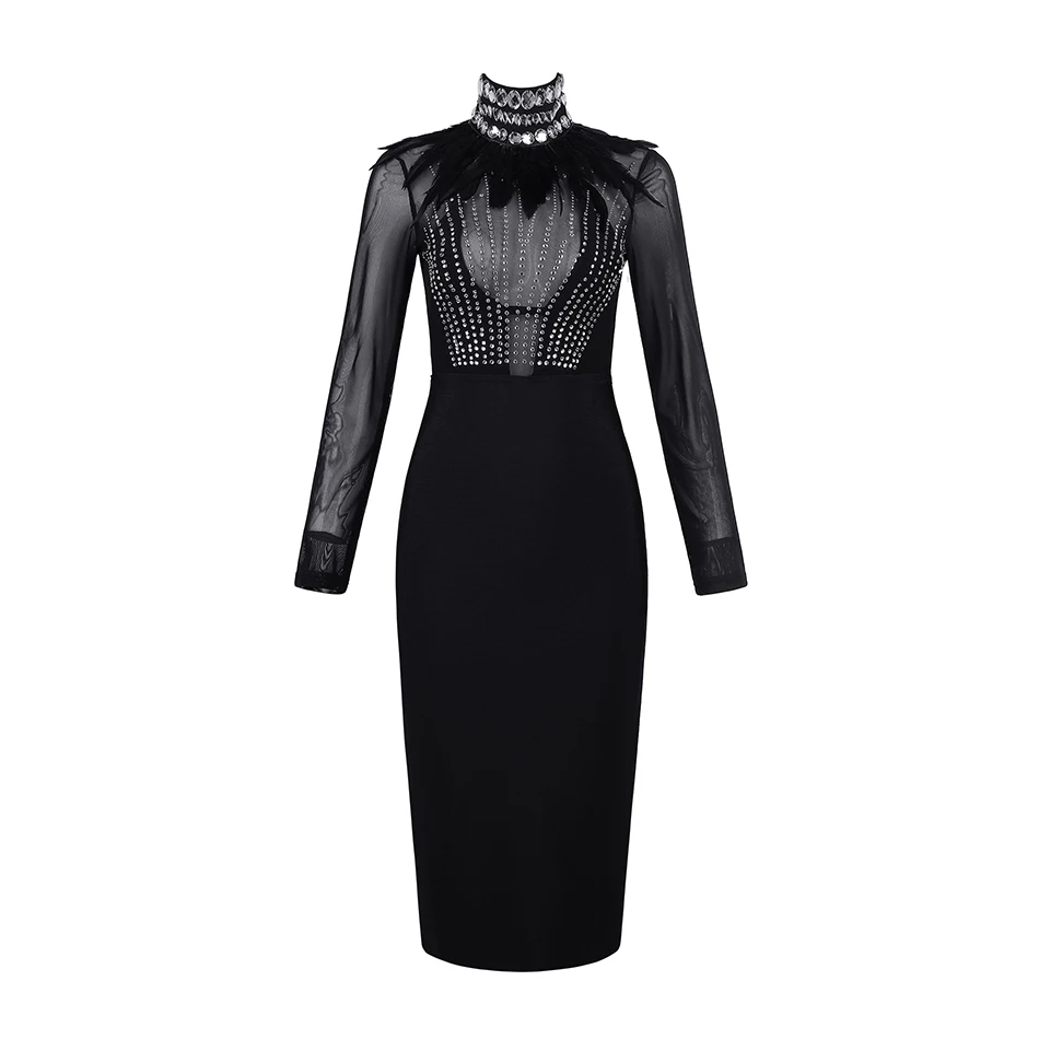 Seamyla New Black Bandage Dresses 2019 Long Sleeve Beaded Mesh Sexy Dress Women Bodycon Club Celebrity Party Vestidos | Женская одежда