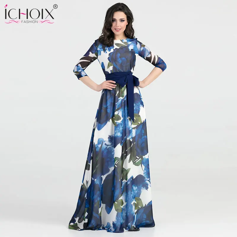 Осень 2018 г. длинное платье женская зимняя Boho печати Пол Длина Стиль Элегантный