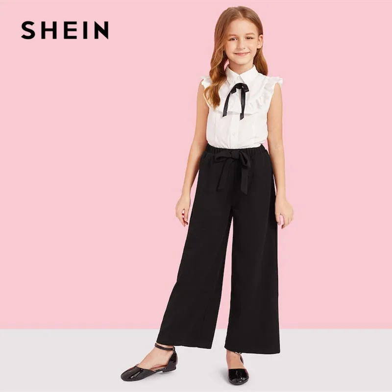 SHEIN Блузка С Оборкой И Брюки С Поясом Комплект Для Девочек Контрастный Нарядный Комплект Для Девочек