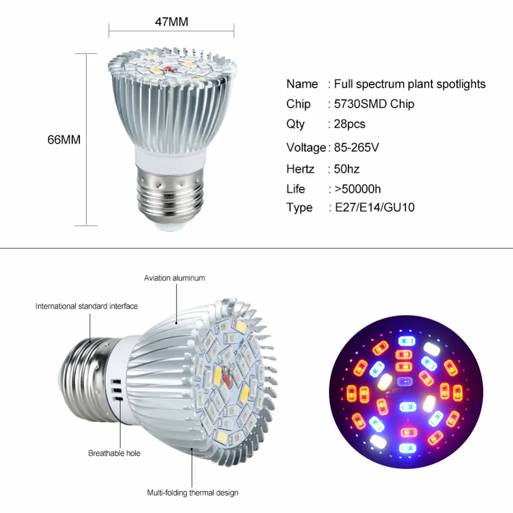 Foxanon полный спектр E27 SMD5730 Светодиодные лампы для выращивания 220 В 110 комнатные
