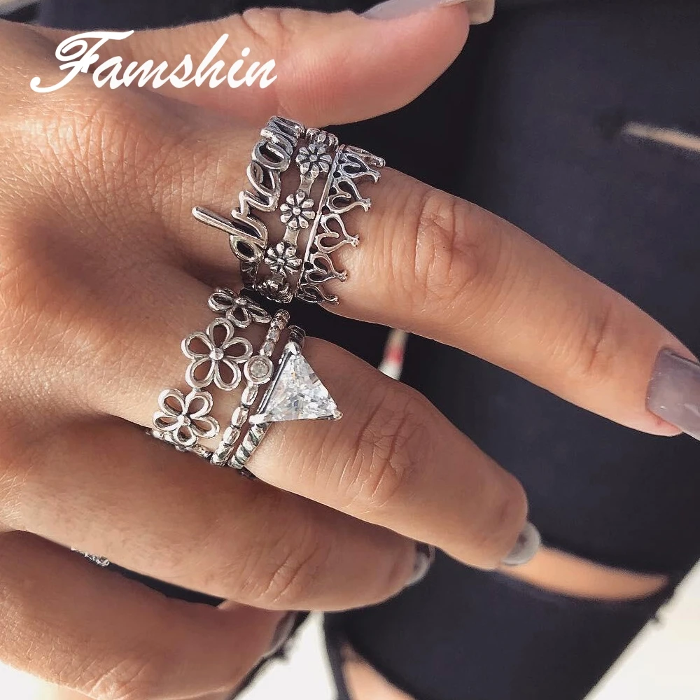 FAMSHIN 6 шт./компл. богемные панк этнические Любовь Корона кольцо с хрустальным