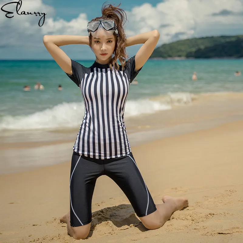 Sexy Swimwear Striped Swimsuit Women Surfing Suits 2019 New Short Sleeves 2 pieces Padded Rashguards Summer Beach Wear Ladies | Спорт и