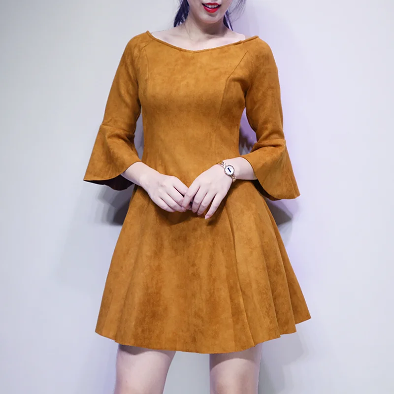 Женское Замшевое платье с рукавами фонариками завышенной талией|sleeve dress|suede dressflare
