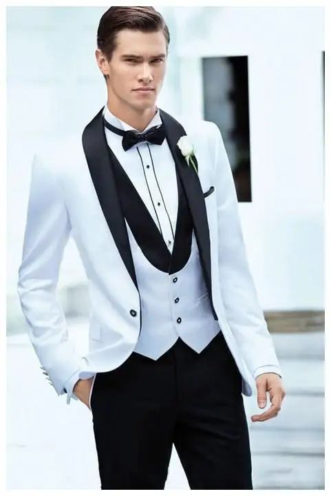 

2018 Top Selling New White Jacket With Black Satin Lapel Groom Tuxedos Groomsmen Wedding Suits ( jacket+Pants+vest+tie)