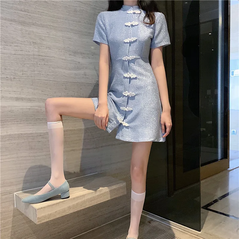 Cheongsam кнопка водолазка короткий рукав тонкий элегантный Высокая талия мини платье блеск Винтаж корейский Япония для женщин сексуальная милая Лолита