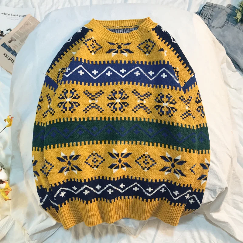 2020 Vintage Sweater Women Oversized Long Sleeve Loose O-Neck Knitted White Geometric Pattern Embroidery Sweaters Female | Женская