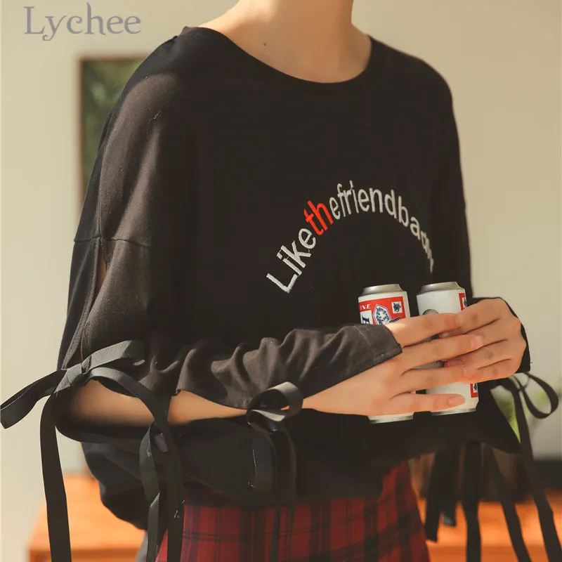 Женская Осенняя футболка Lychee с разрезом на шнуровке буквенным принтом вырезами