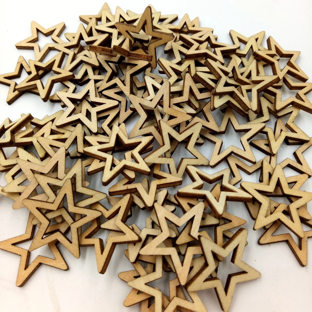 

60pcs Unfinished Wood Hollow Star Shape Wooden Embellishments Party 40mm