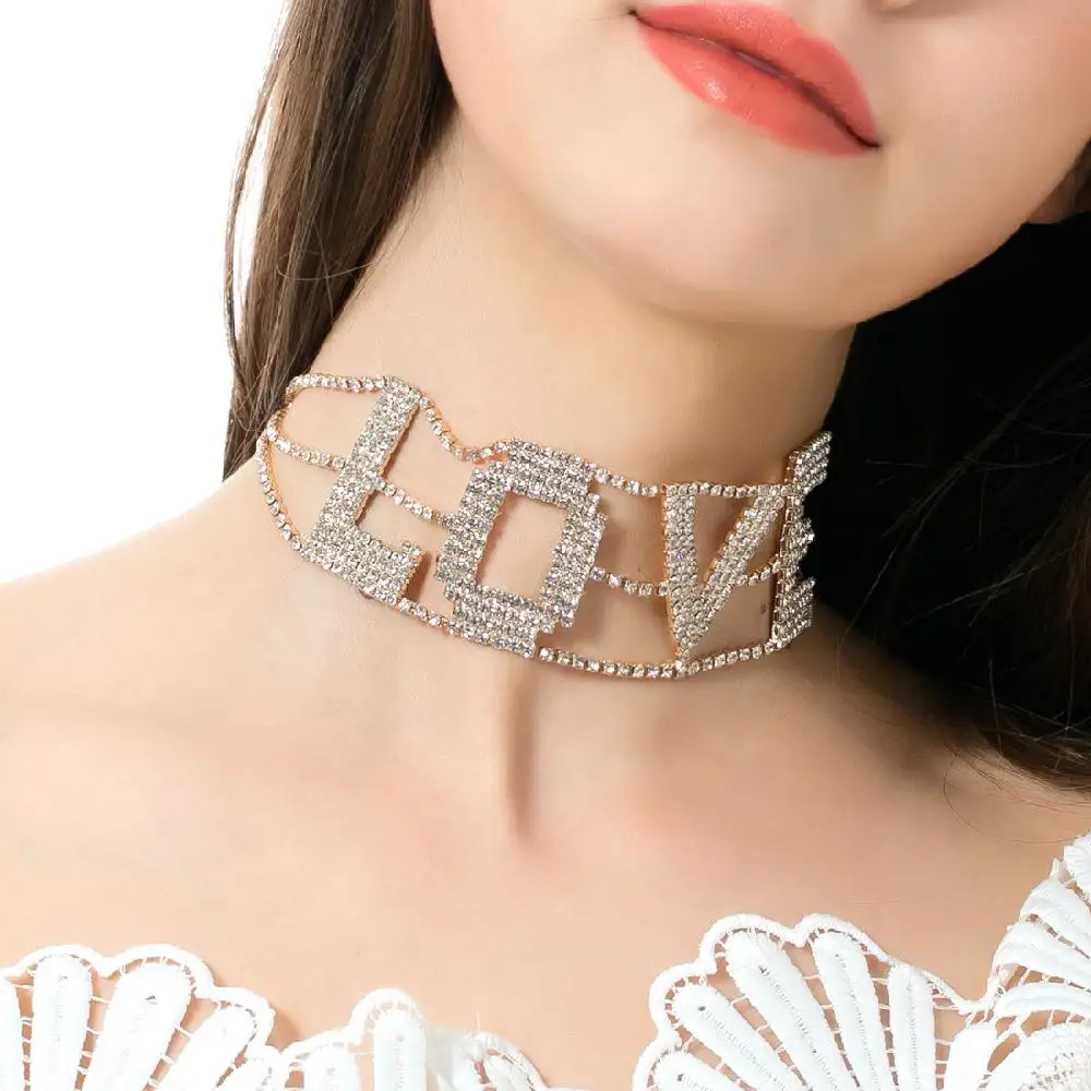 Sangdo Women's Sexy LOVE Letter Full Rhinestone Necklace Simple Stylish | Украшения и аксессуары