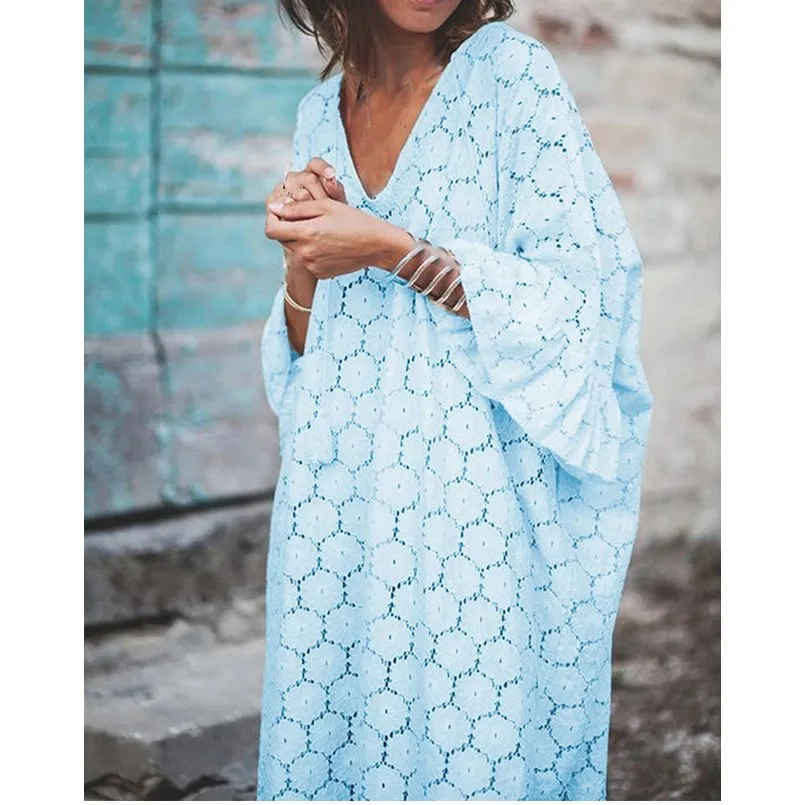 Женское кружевное платье с v-образным вырезом свободное пляжное длинное большого