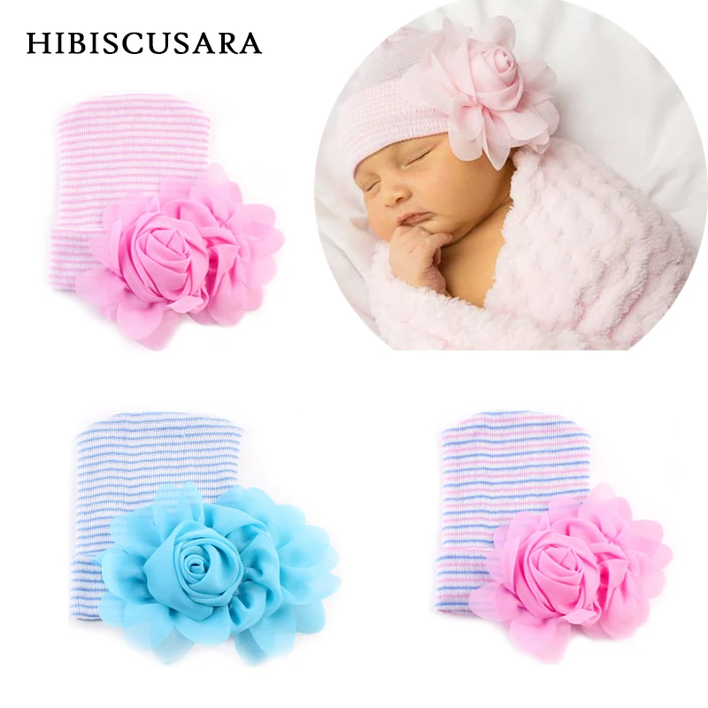 

2017New Baby Bonnet Hat Stretch Cotton Striped Beanie With 3d Flower Infant Newborn Spring Autumn Hat Caps Bebe Photo Props