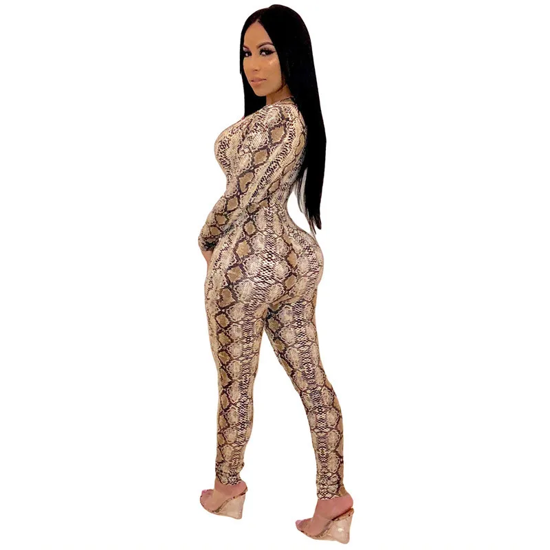 Женский Облегающий комбинезон со змеиным принтом с длинным рукавом|Женские