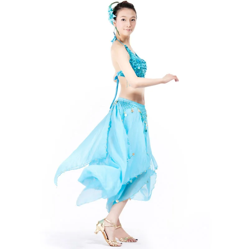 Light Blue BELLYQUEEN 2 шт./компл. 15 цветов сцены Восточный танец Одежда для танцев Индийский платье практика костюмы - Цвет: Light Blue