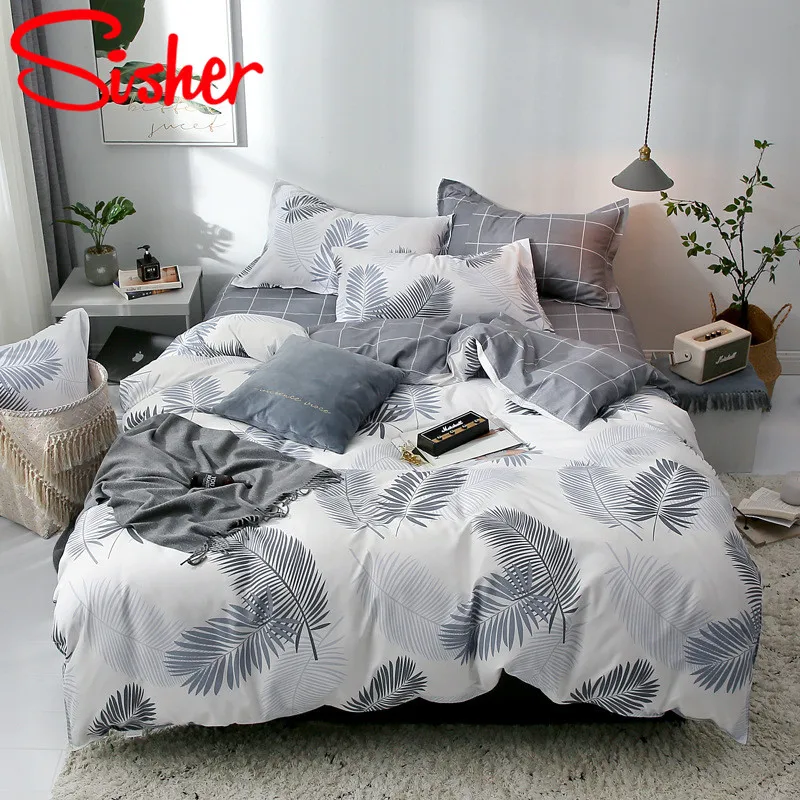 Grey Sisher Pastoral Green Leaf Print Duvet Cover Set Cotton Polyester Adult Comforter Bedding Sets Size Single Double Queen King - Цвет: Grey