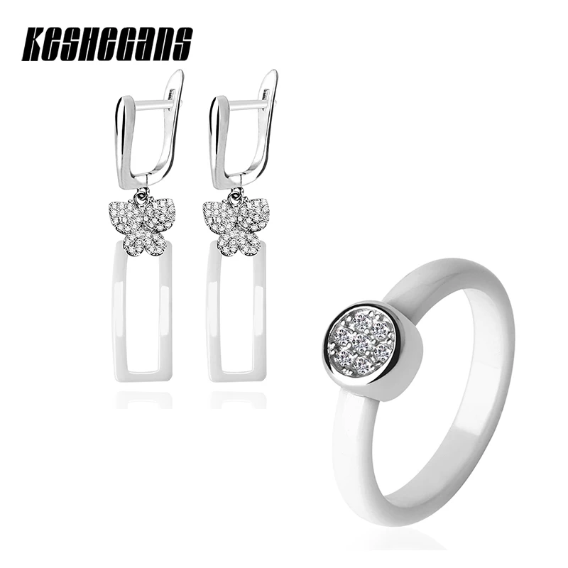 

Fashion Jewelry Set Butterfly Rectangle Earrings And Round Crystal 3mm Ceramic Ring For Women Elegant Wedding Engagement Jewelry