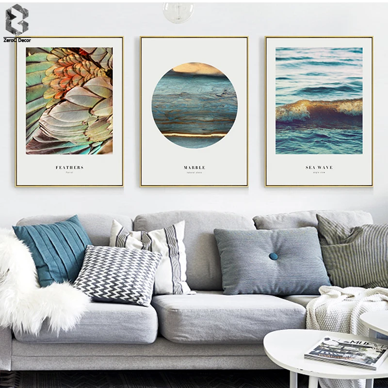 

Nordic Poster And Print Wall Art Canvas Painting Sea Wave Wall Pictures For Living Room Feather Scandinavian Decoration