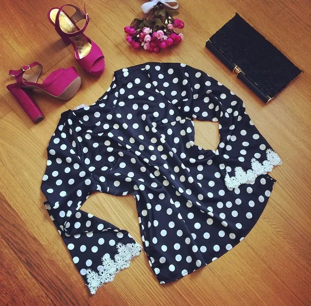 summer Blouses 2015 New Fashion spring vestidos style Chiffon shirts Casual full o-neck polka dot women |