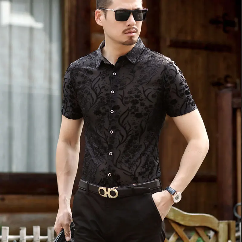 Small Floral Black Роскошная кружевная Мужская рубашка с узором пейсли и цветочной вышивкой, прозрачная Мужская одежда, сексуальные рубашки для клубной вечеринки и выпускного вечера - Цвет: Small Floral Black