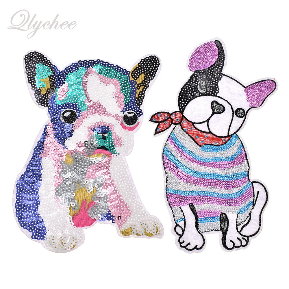 Большого размера разноцветный блёстки животных нашивки в форме собак с клеем для