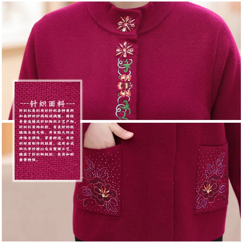 2020 Middle aged, old woman, sweater, top grade woolen sweater, mom, autumn winter wear, 60-70 years old knitted cardigan.