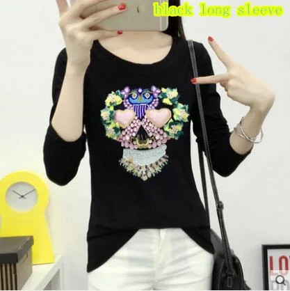 black long sleeve Летние Ретро жемчужные футболки с вышивкой бусинами для женщин Цветочная вышивка футболка элегантные женские Топы Blusa - Цвет: black long sleeve