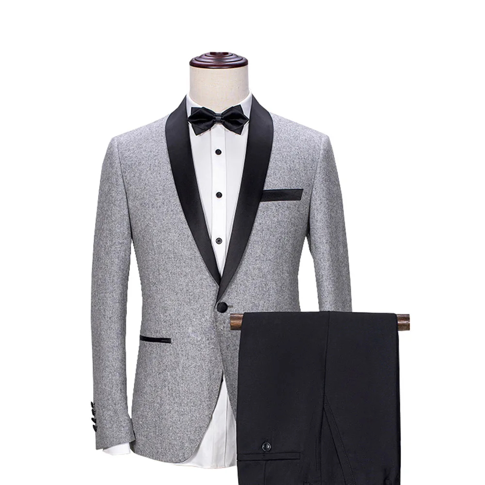 Grey Two Pieces Мужские костюмы шаль воротник 2 шт. Slim Fit серый костюм жениха твид шерстяная куртка смокинги для женихов свадьбы(Блейзер+ брюки Д - Цвет: Grey Two Pieces