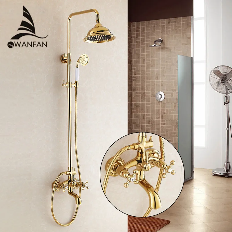 

Shower Faucet Wall Mount Brass Luxury Gold Bathtub Faucet Round Rain Shower Head Handheld Bar Bathroom Mixer Tap Set HJ-3009K-A