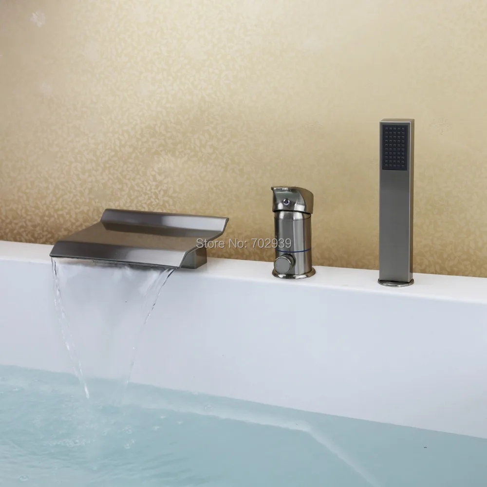 Free ship Brushed Nickel 3 pieces widespread Waterfall Bathroom Bath Roman Tub Filler Faucet W/ Hand Shower | Обустройство дома