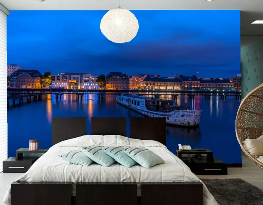 Настенные 3d обои на заказ немецкие Берлинские дома реки корабли небо ночные
