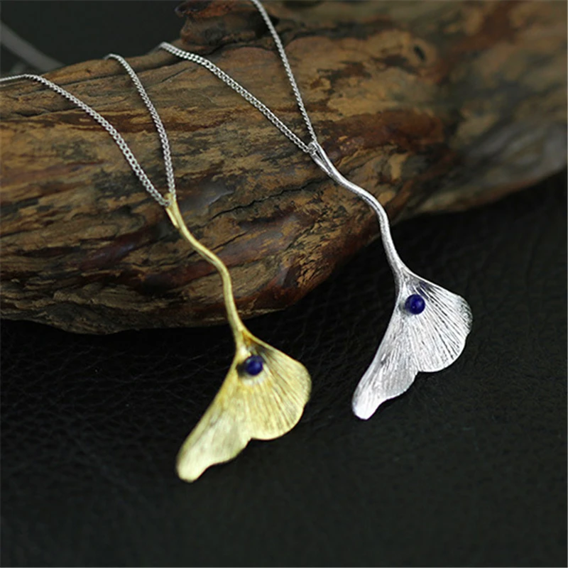 Женский кулон листья гинкго Lotus Fun без цепочки с натуральным Лазуритом ювелирное
