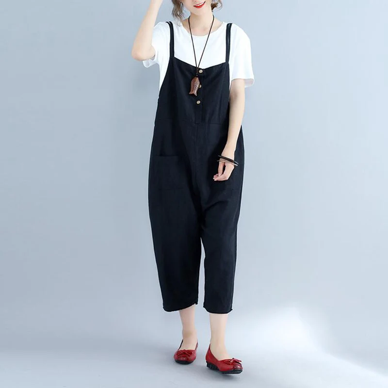 

2019 Women Summer Suspenders Wide leg Pants Ladies Loose Jumpsuits Single-breasted Cotton Linen Plus size Overalls Playsuit