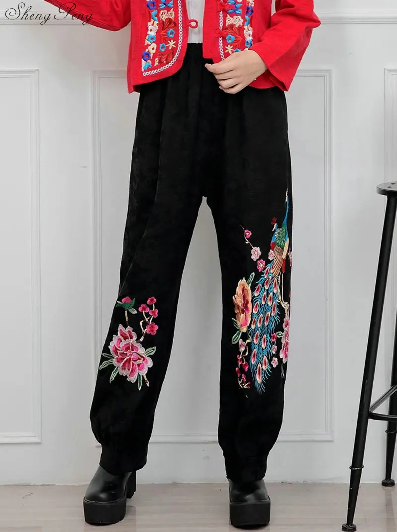 

Women autumn spring ethnic black floral embroidery harem pants capris pant trousers Traditional Chinese clothing V1356