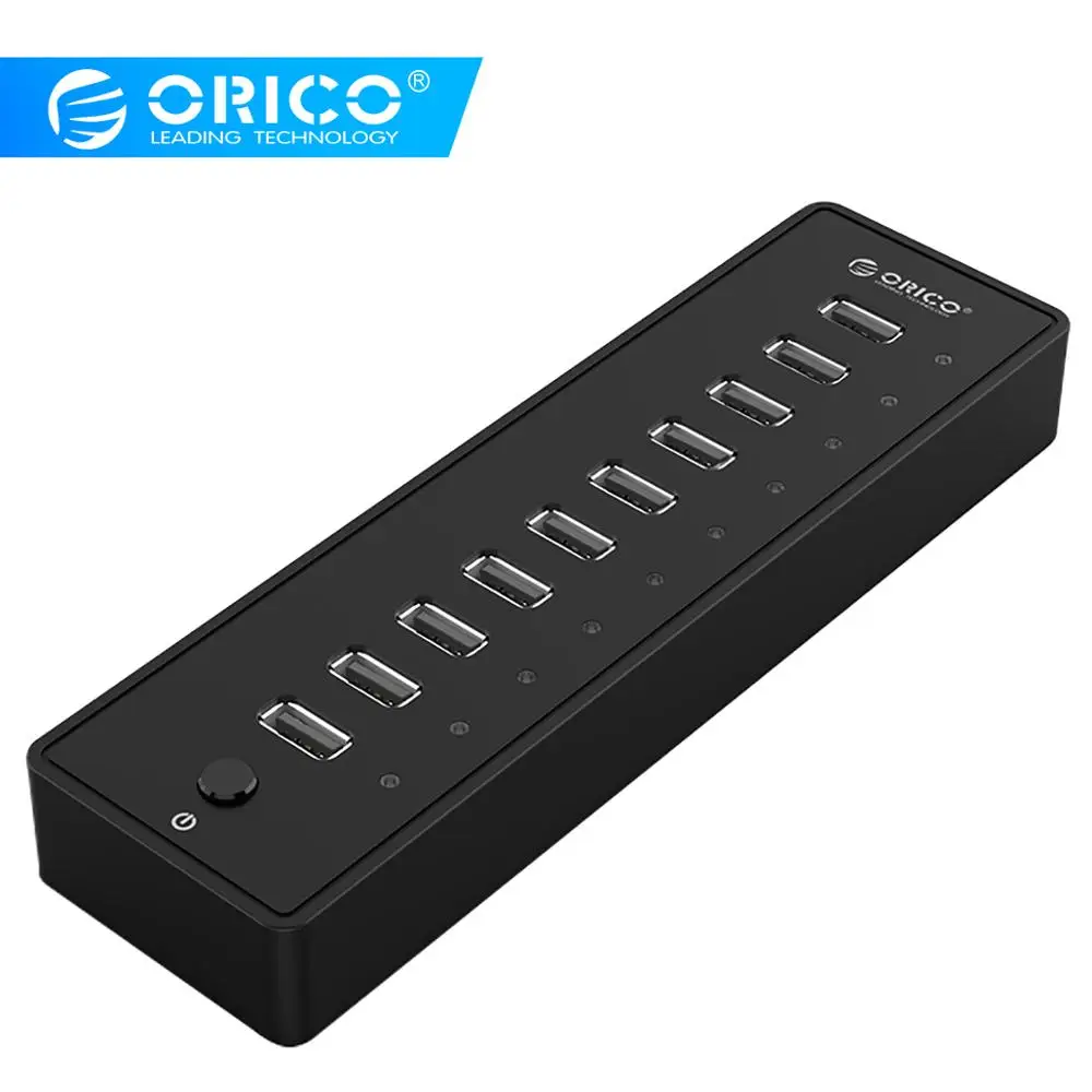 ORICO P10-U2 10 портов USB2.0 концентратор 12V2. 5A блок питания с кабелем передачи данных 1,5 м огнестойкий ABS для ПК Mac ноутбука черный