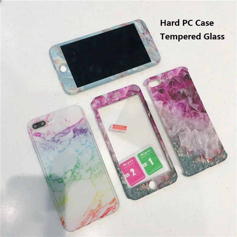 360 Degrees Hard PC Marble Phone Case for iPhone 5 5S SE 6 6S 7 8 Plus X Crystal Painting Plastic Full Body Cover Tempered Glass |