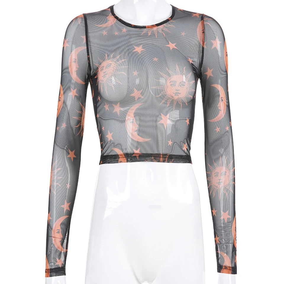 See Through Clubwear Transparent Turtleneck Shirt Vetement Femme 2019 Long Sleeve Sheer Mesh Crop Top T Angel Print Women | Женская