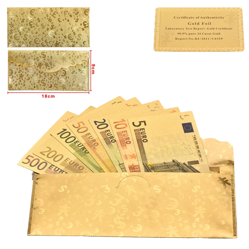 WR Новое поступление набор металлических цветных золотых банкнот евро 7 шт 5 10 20 50