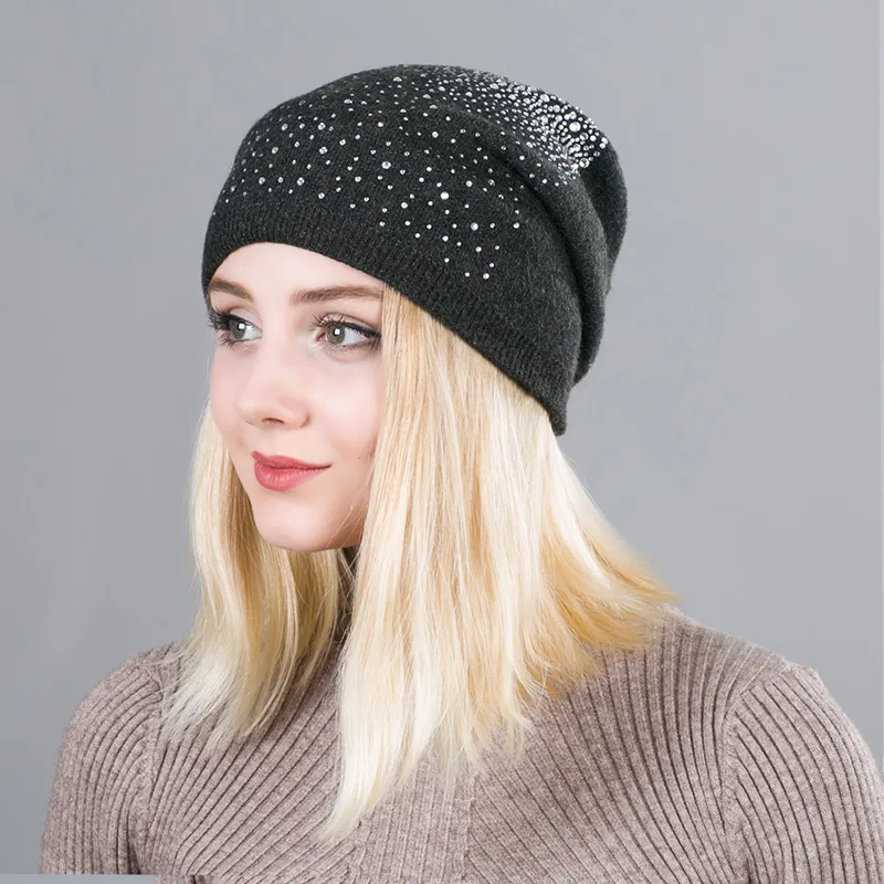 Зимняя женская блестящая шапка с бриллиантом Вязаная Шерстяная Beanie Женская
